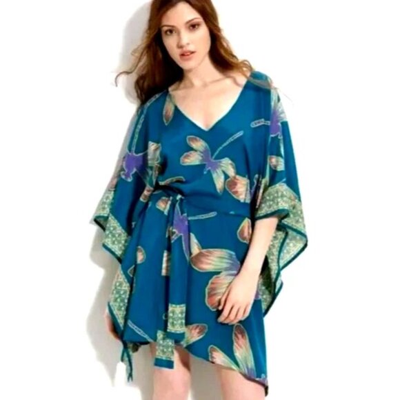 ✨ RaMona LaRue 100% Silk Tunic Dragonfly Butterfly Print Kimono Boho Rio Cover S - Picture 1 of 11